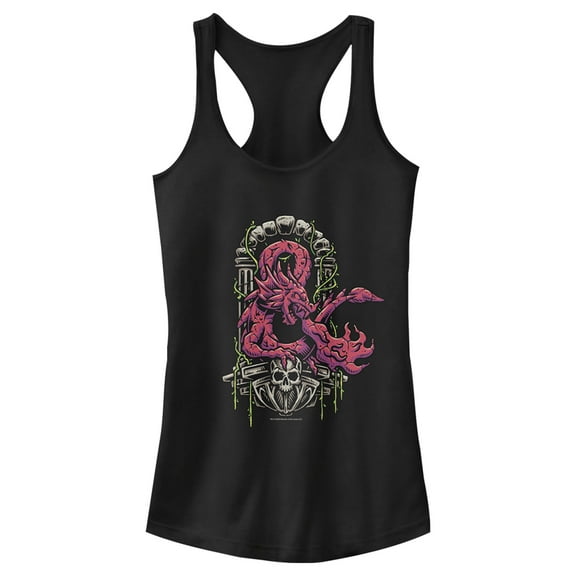 Junior's Dungeons & Dragons Red Dragon Logon On Top of Skull Racerback Tank Top Black Medium