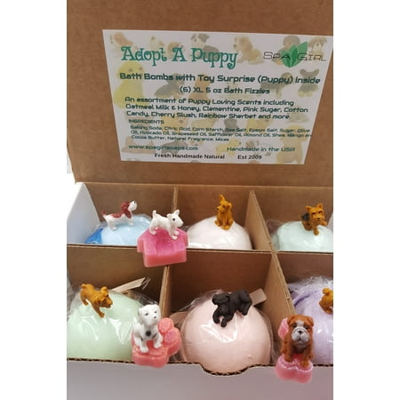 KIDS BATH BOMBS - ADOPT-A-PUPPY 6 bath bombs with surprise puppy inside, natural and moisturizing ingredients, safe for children, will not stain