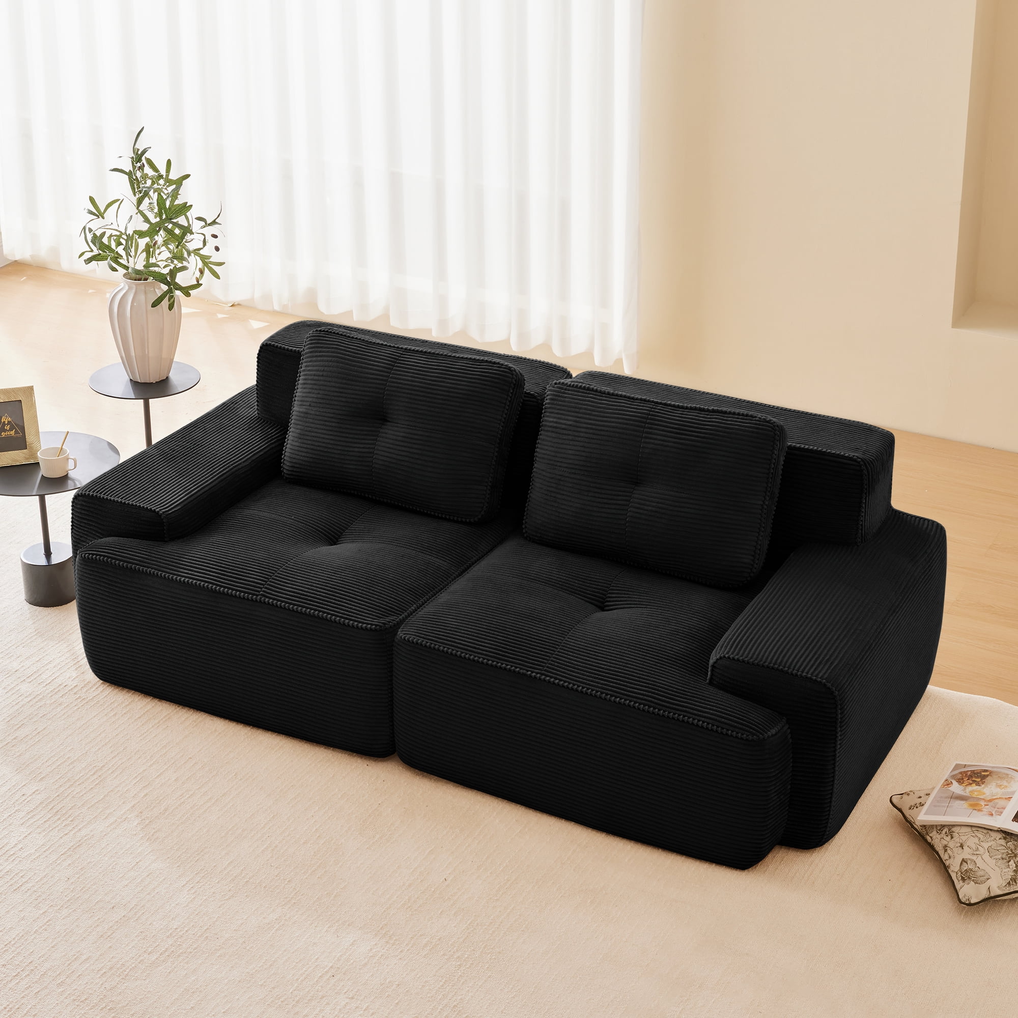 82 Inch Black Corduroy L-Shaped Sectional, Modular 2-Seater with Deep Seat, Pearl Piping and Buckle Connection, No Assembly Required