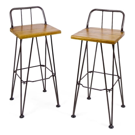 Rih Barstool Low Back Chair Set of 2- Black Metal- Brown Acacia Wood