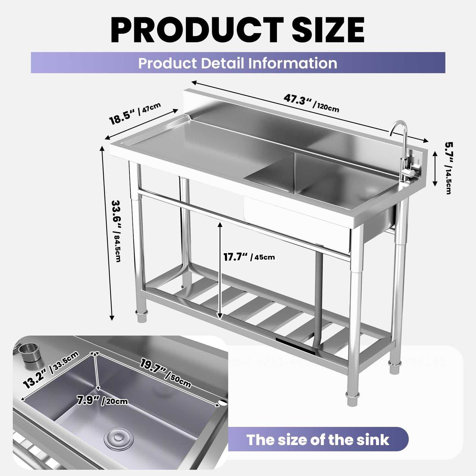 Single Bowl Utility Sink, Freestanding Wash Station, 47.3″×18.5″×33.6″ Kitchen Sink, with Swivel Faucet, Hot Cold Lines, Organizer Shelf, for Laundry, Backyard, Small Business