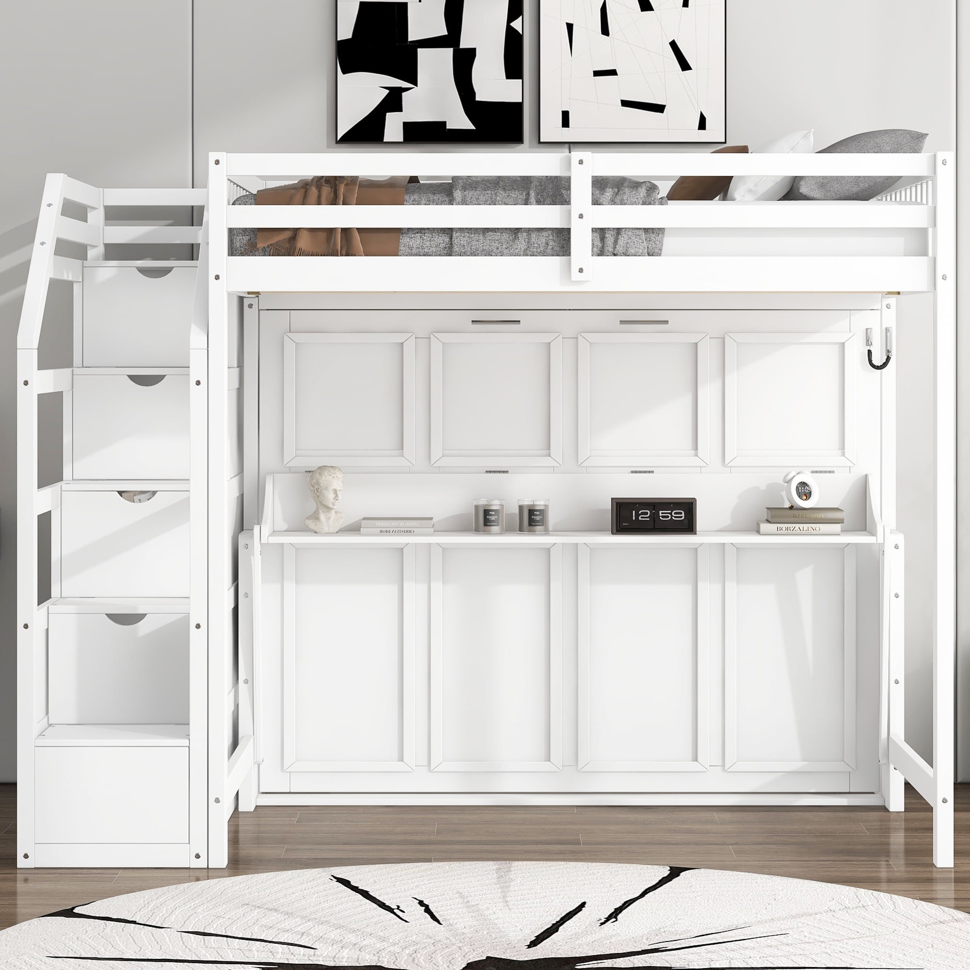 Euroco Wood Full XL Loft Bed with Storage Staircase, Full Murphy Bed with Desk and LED Light, Convertible Bunk Bed, White