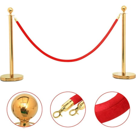 Round Top Stainless Steel Plated Stanchions posts with 1 of 6.5ft Red Velvet Rope,Crowd Control Stanchions,Gold