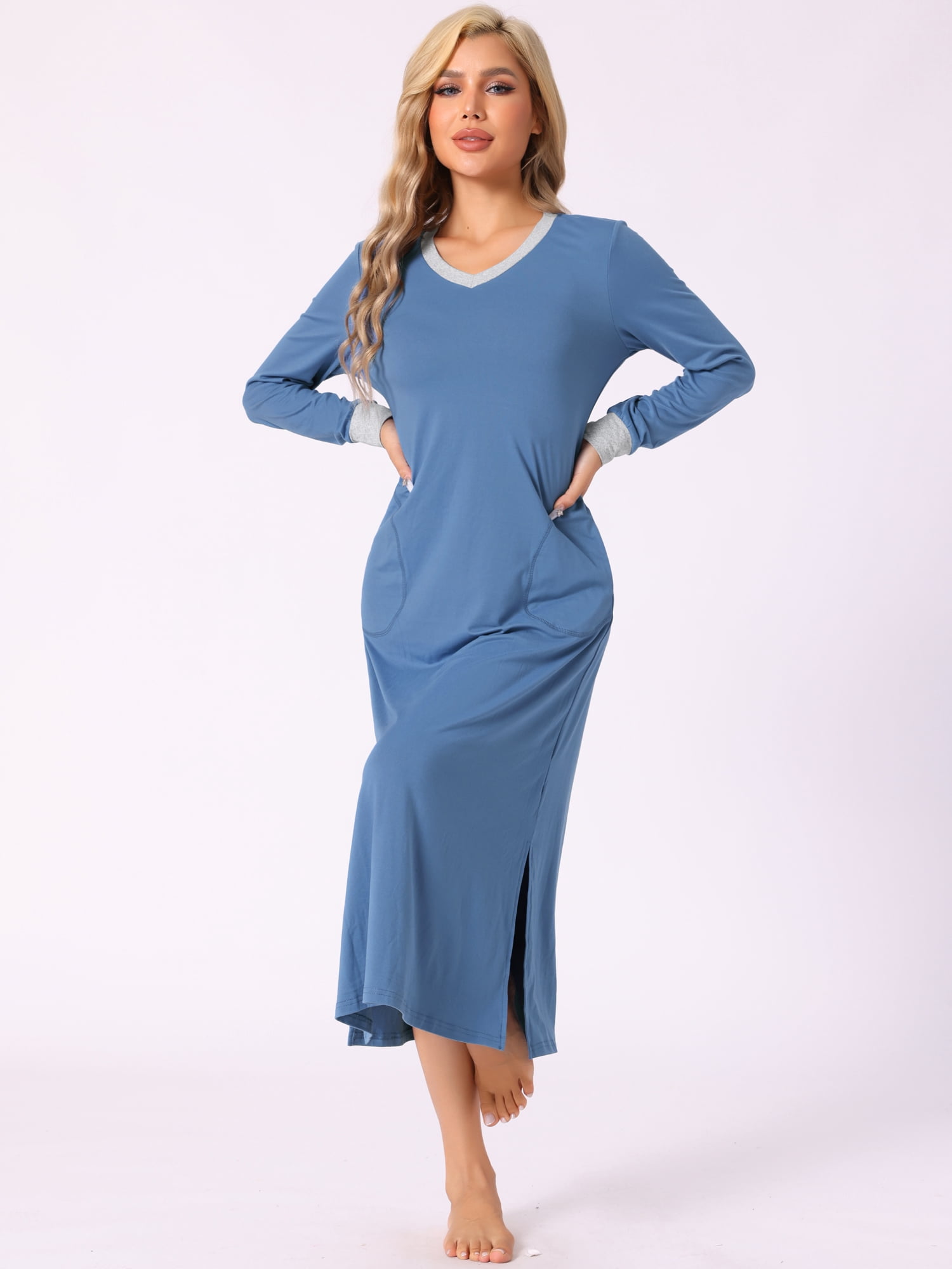 DARING DIVA Women's V Neck Cozy Long Sleeve Nightgown with Pockets XS Blue