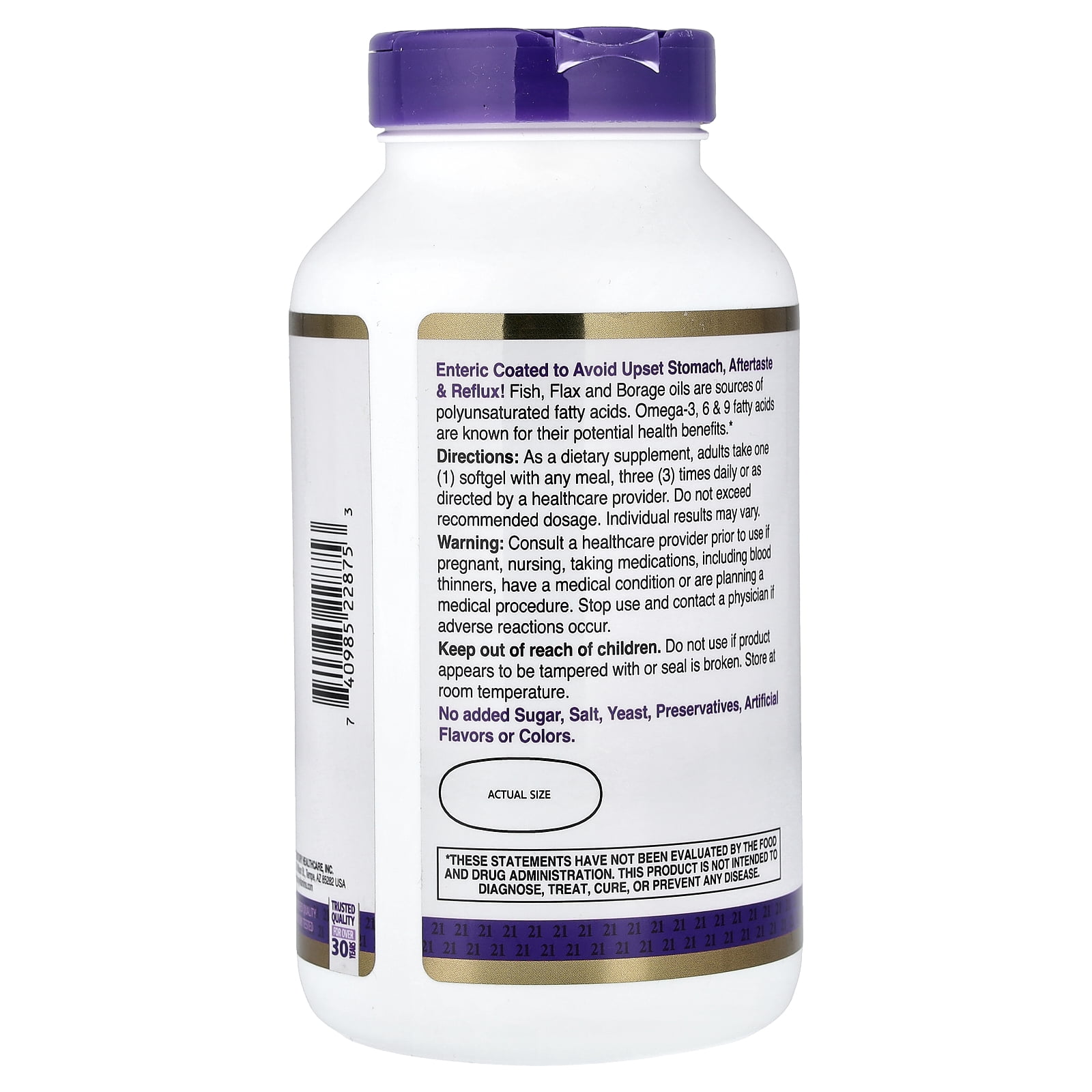 21st Century Enteric Coated Triple Omega Complex, Omega-3-6-9, Reflux-free, 180 Count