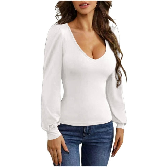 aidice T-Shirts pour Femmes Décontractés Col Bas Manches Longues Bouffantes Ajustés Hauts Confortables Automne Tendance