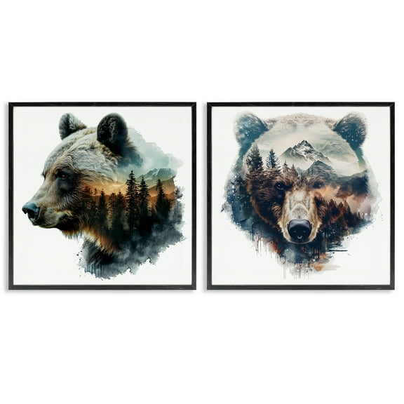 Stupell Industries Woodland Bear Forest Silhouettes Animals Painting Black Framed Art Print Wall Art, 12 x 12, Set of 2
