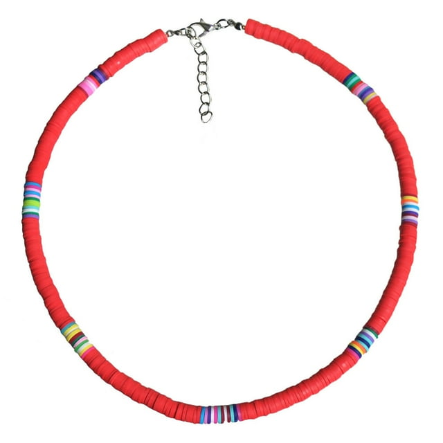 Collier Femme Plage Loisirs Chaîne Personnalisée Pièces Rondes en Argile (Rouge 6mm)
