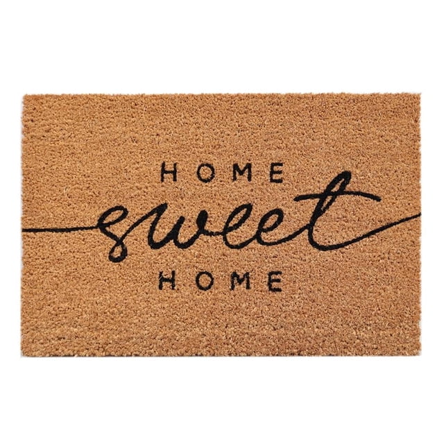 tapete de entrada Mainstays fibra de coco, 40 x 60 cm, diseño "home sweet home" — vista frontal centrada de tapete rectangular de fibra de coco natural color tostado con la frase 'HOME sweet HOME' en tinta negra, textura de fibras entrelazadas y borde limpio; apto como tapete de bienvenida para limpiar suciedad del calzado y fácil de sacudir.