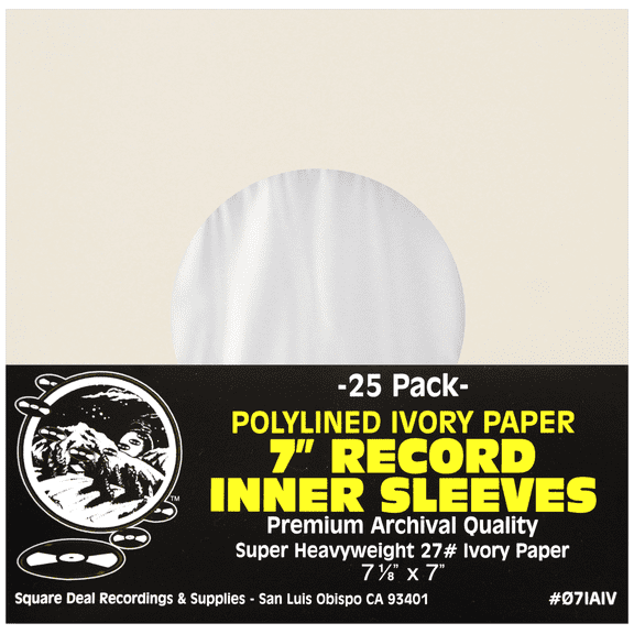 (25) Super Heavyweight Polylined Ivory Paper Inner Sleeves for 7" Records - Archival Quality, Acid-Free, Static-Free - Premium Protection - 07IAIV