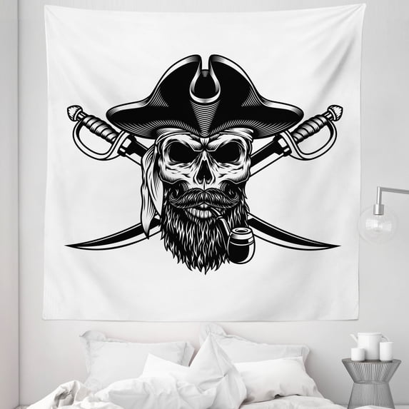 Skull Smoking Tapestry, Bearded and Mustached Skeleton Head Wearing Pirate Hat Vintage Image, Fabric Wall Hanging Decor for Bedroom Living Room Dorm, 5 Sizes, White Charcoal Grey, by Ambesonne