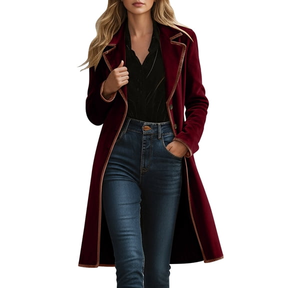SwiftWear Women's Long Velvet Coat Contrast Notch Lapel Retro Jacket Button Front Closure with Pockets, Vintage Style Outerwear Overcoat