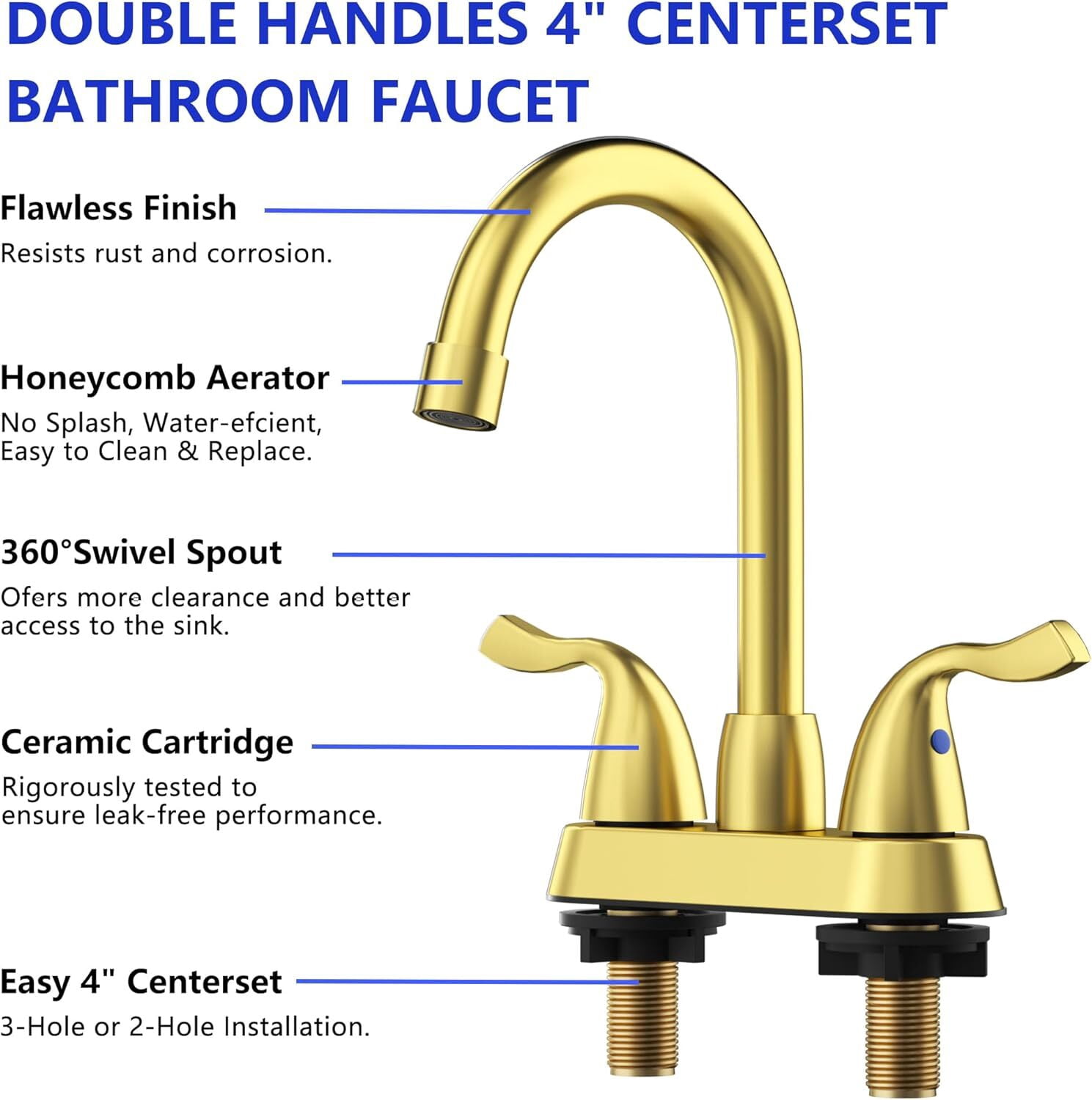 Bathroom Sink Faucet, 2 Handle Bathroom Faucet 4 Inch Centerset Bathroom Faucet 2 or 3 Hole Vanity Sink Faucet, Faucet Bathroom with Pop-up Drain and Supply Lines (Brushed Gold)