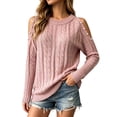 thumbnail image 2 of ClodeEU Women's Crew Neck Cutout Cold Shoulder Cable Knit Long Sleeve Sweater Top,Casual Loose Blouse Pink,Women's Plus XL, 2 of 6