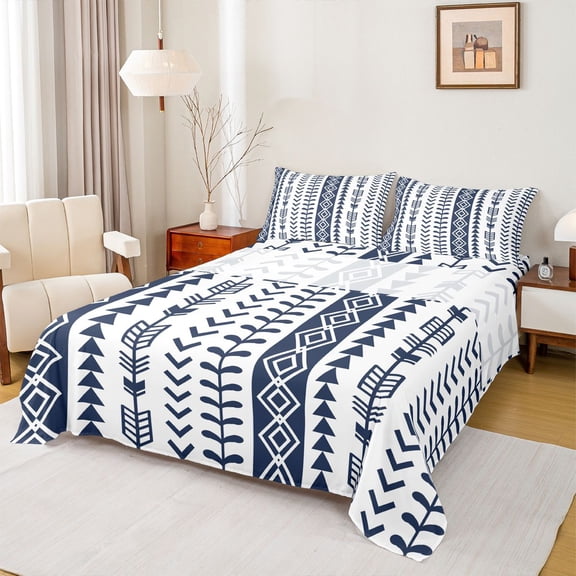 jejeloiu Nautical Geometric Bed Sheets For Girls,Bold Tribal Full Size Sheets,Navy White,4 Pieces,1 Flat Sheet, 1 Fitted Sheet and 2 Pillowcases