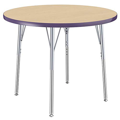 Adjustable Height 19-30 inches Maple Top and Navy Edge 36 inch FDP Round Activity School and Office Table Standard Legs with Ball Glides 