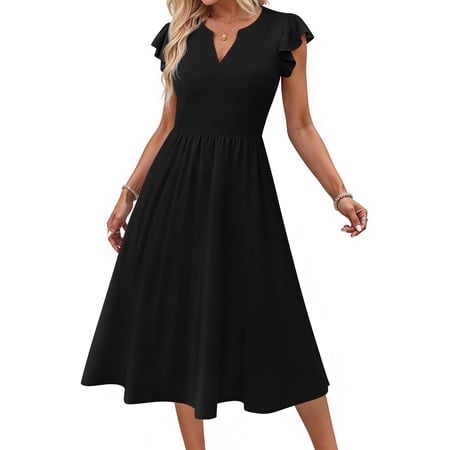 Fantaslook Summer Dresses for Women Ruffle Sleeve V Neck Midi Dresses Fashion Casual Flowy Vacation Sundress