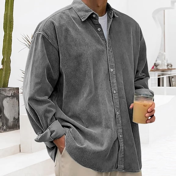 Huankd Corduroy Shirt for Men Retro Style Long Sleeve Casual Button Down Shirt Spread Collar Spring Fall Workwear Dark Gray L