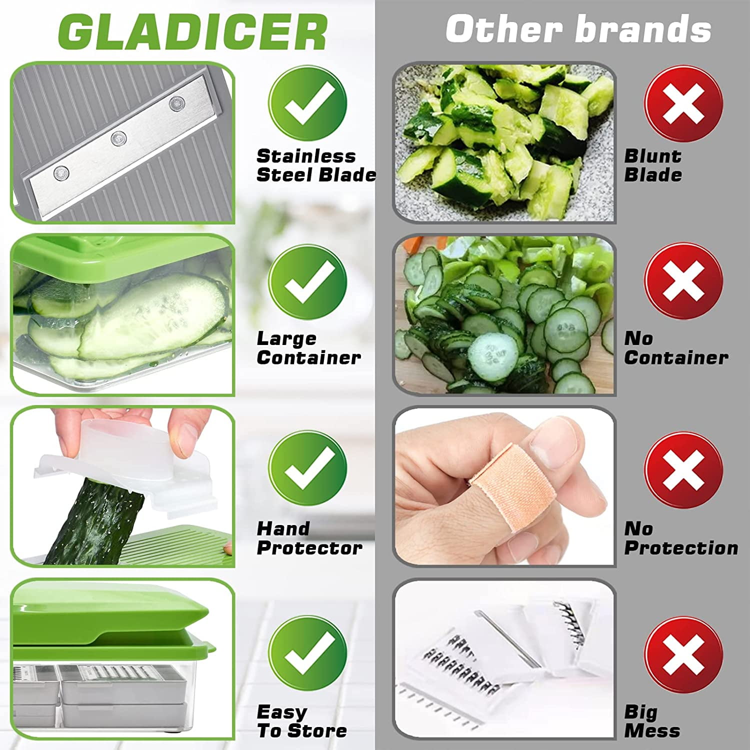 GLADICER 11 in 1 Vegetable Chopper Kitchen Mandoline Vegetable Slicer  Spiralizer, Onion Chopper, Cheese Grater, Food Chopper- Enlarged Storage