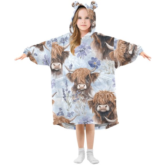 joogoo Wearable Blanket Hoodie for Highland Cattle Flower-w6 Oversized Sherpa Hooded 3-14 YR M