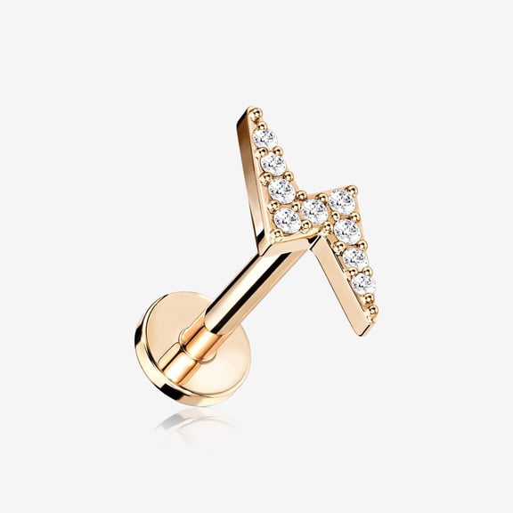 Rose Gold Lightning Bolt Sparkle Top Internally Threaded Steel Flat Back Stud Labret