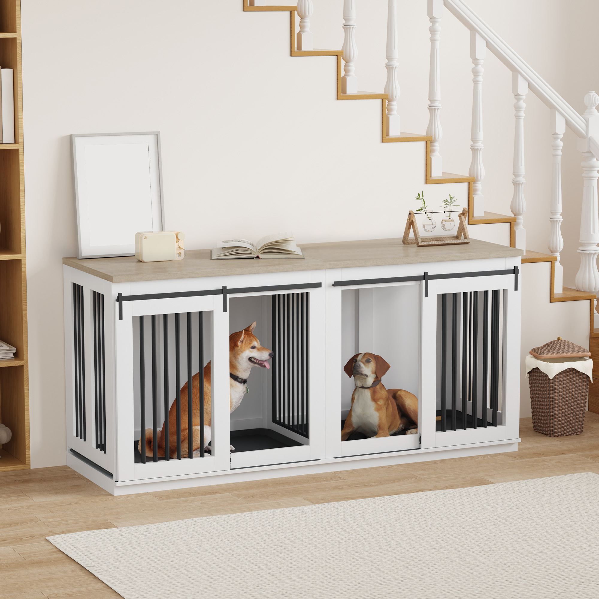 BouPower Dog Crate,Heavy Duty Dog Kennel Furniture For Small Medium Large Dogs,Double-Dog Indoor Wooden Dog Crate Furniture,Anti Escape Dog Cage,Tv Stand,Large Dog Crate Furniture