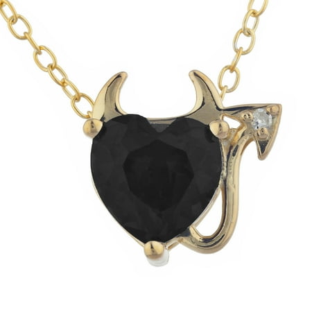 - 1.5 Ct Genuine Black Onyx & Diamond Devil Heart Pendant 14Kt Yellow Gold Silver