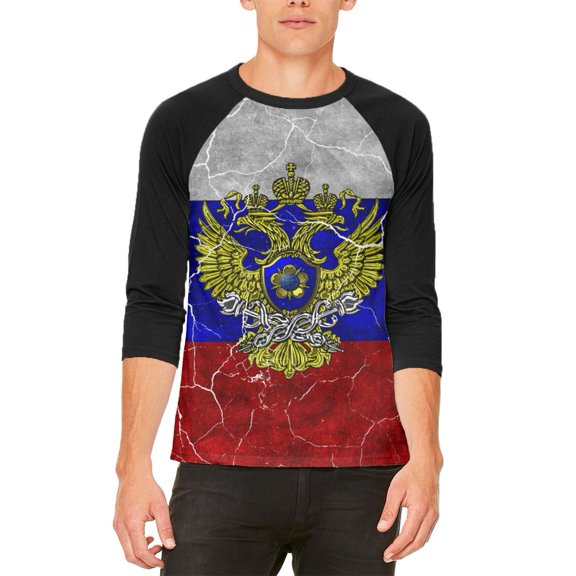 Distressed Russian Imperial Flag Mens Raglan T Shirt White-Black X-LG