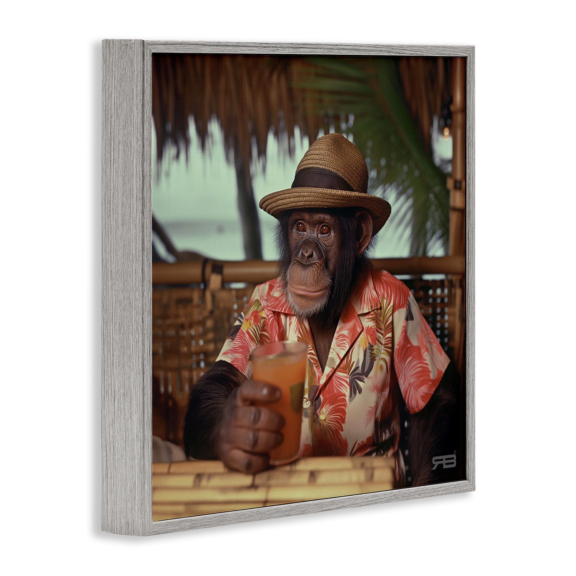 Stupell Industries Tropical Vacation Monkey Novelty Painting Gray Framed Art Print Wall Art, 24 x 24