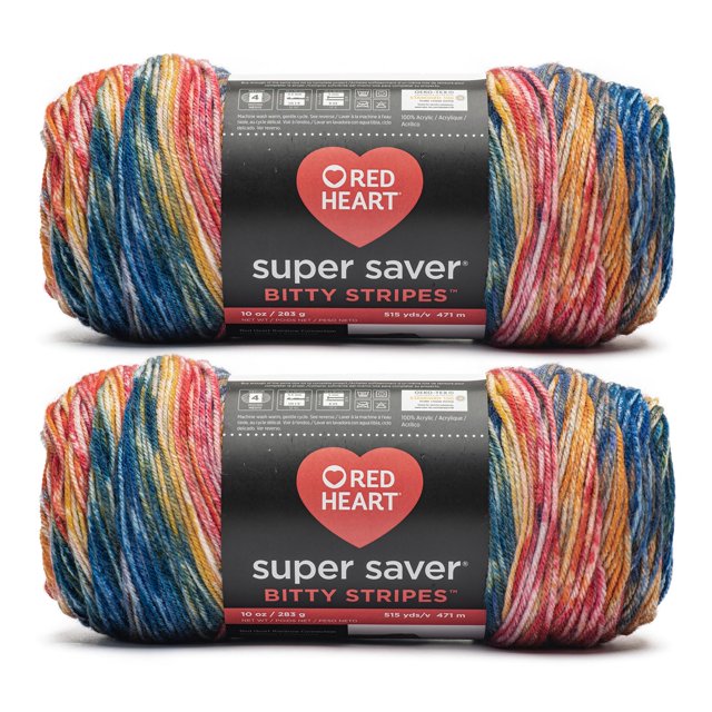 Hilo acrílico Super Saver Bitty Stripes de color rojo con forma de corazón, 2 x 283 g