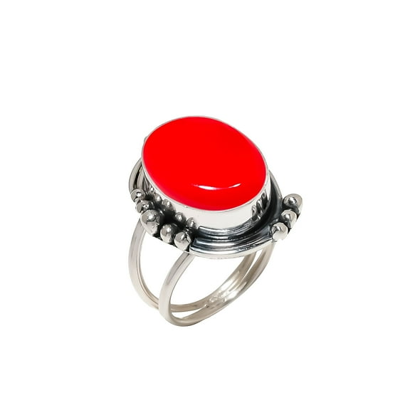 Red Coral 925 Sterling Silver Ring V5975, Coral Ring, Gemstone Ring, Handmade Ring, Red Ring, Oval Ring, Gift For Her, Wedding Gift, Birthday Gift, Ch