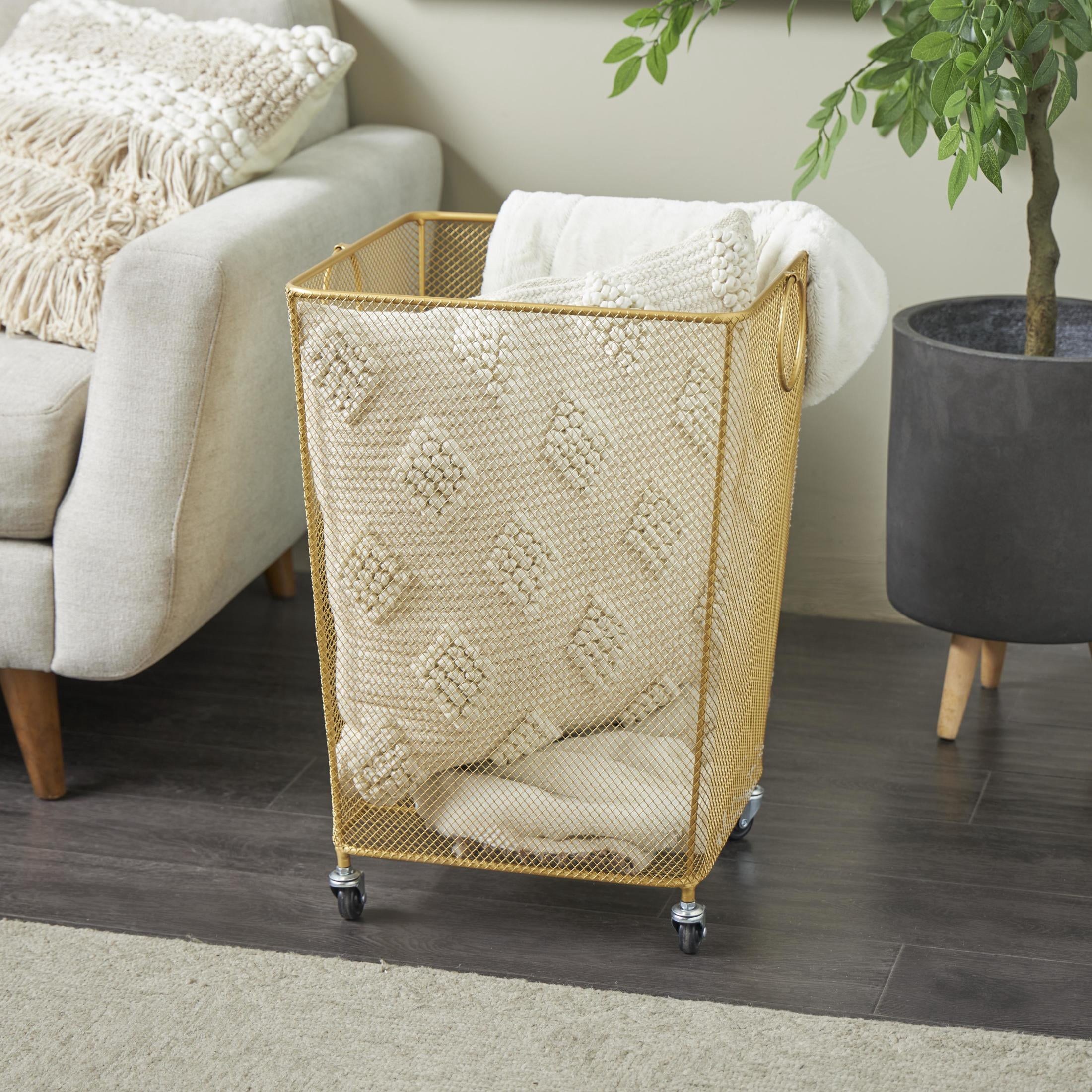 DecMode Gold Metal Square Mesh Wire Rolling Laundry Storage Cart with Ring Handles