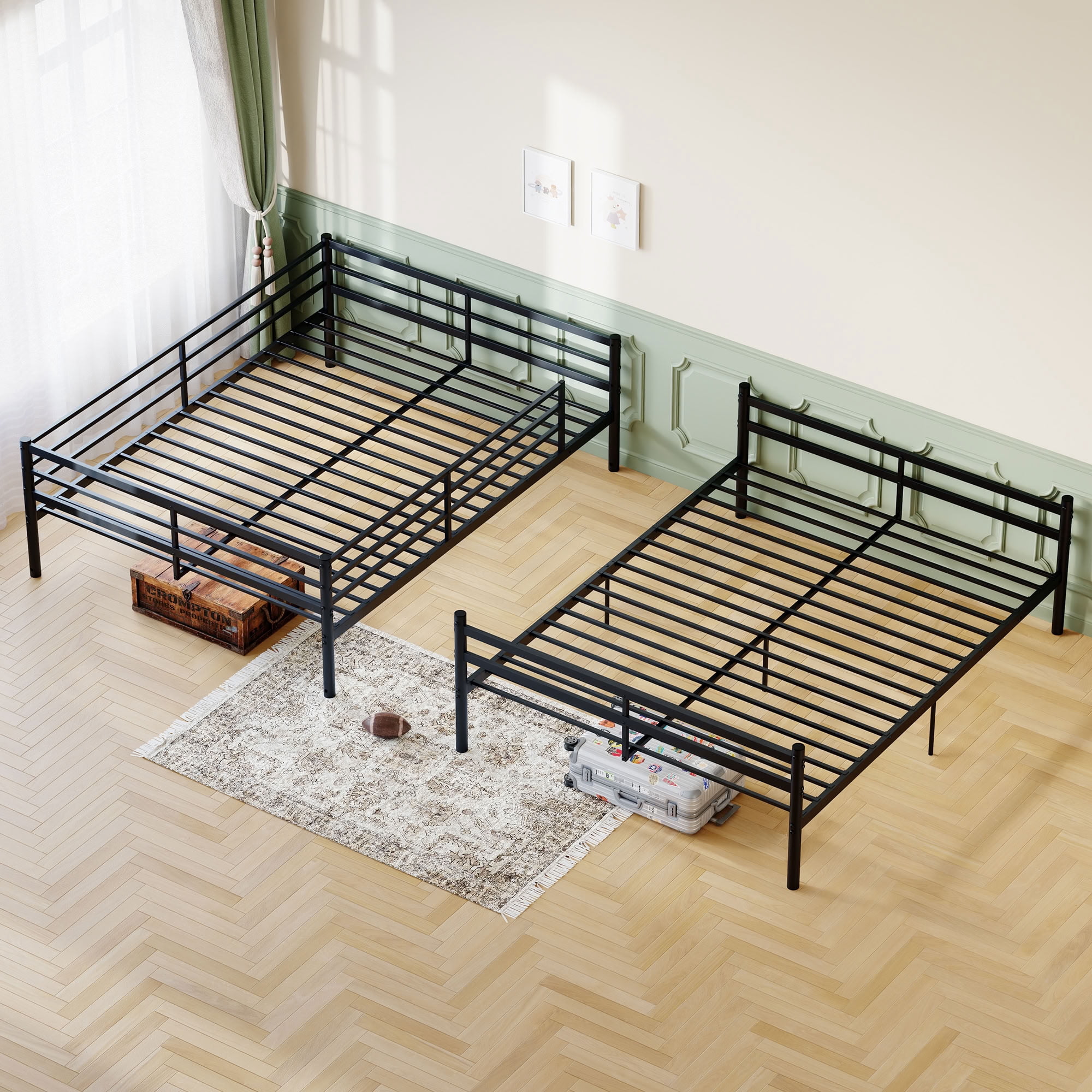 MAYEERTY Queen Over Queen Bunk Bed with Ladder and High Guardrails, Heavy Duty Metal Bed Frame Supports 550 lbs, Space-Saving Storage for Kids Teens Adults