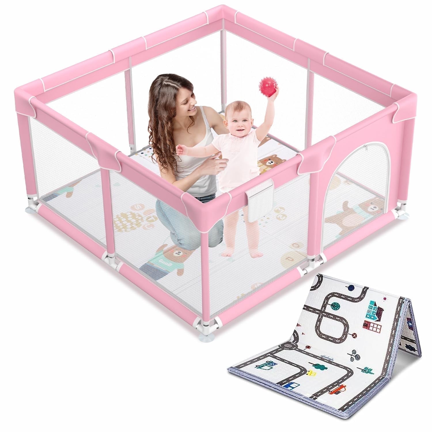 Baby Playpen with Foldable Breathable Play Mat, Mesh Toddler Activity Play Yard, Indoor Outdoor Safety Play Fence, Pink