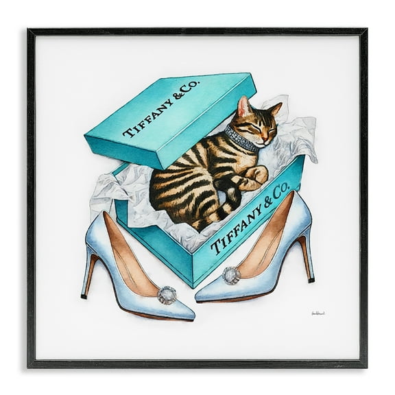 Stupell Industries Blue Shoebox with Kitty Animals Painting Black Framed Art Print Wall Art, 12 x 12
