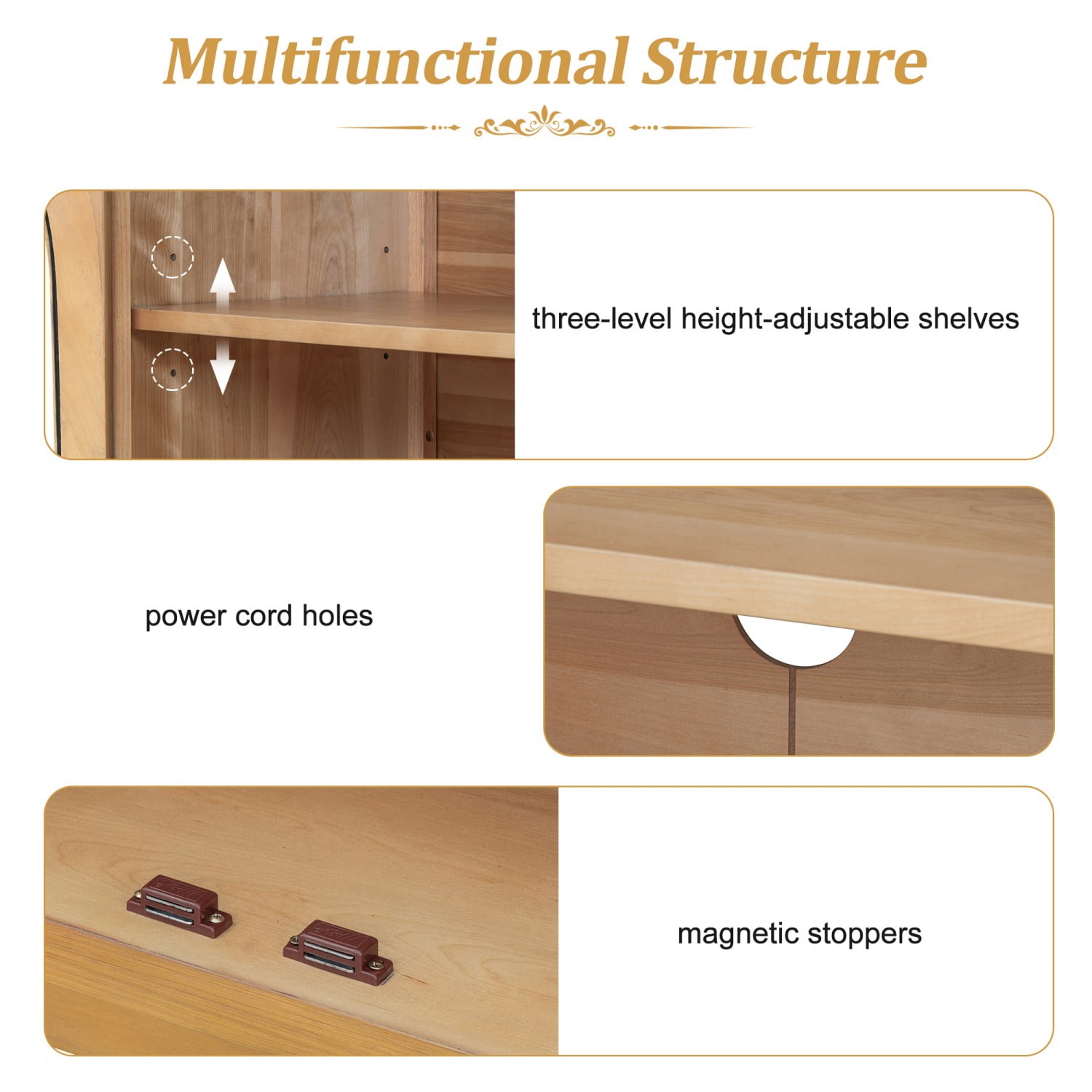 4-Door Arched Glass Sideboard Buffet Cabinet, Retro Storage Credenza with Adjustable Shelves, Cable Holes, Wood Veneer Cabinet for Dining Living Room, Natural