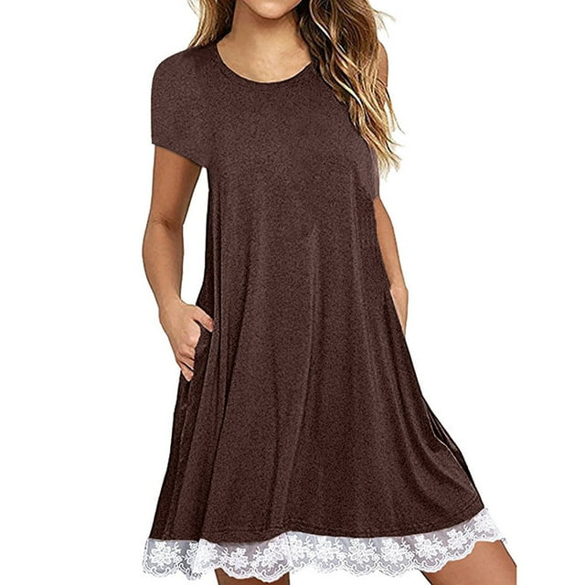Robe T-Shirt Décontractée d'Été pour Femmes Ourlet en Dentelle Manches Courtes Robes de Plage avec Poches