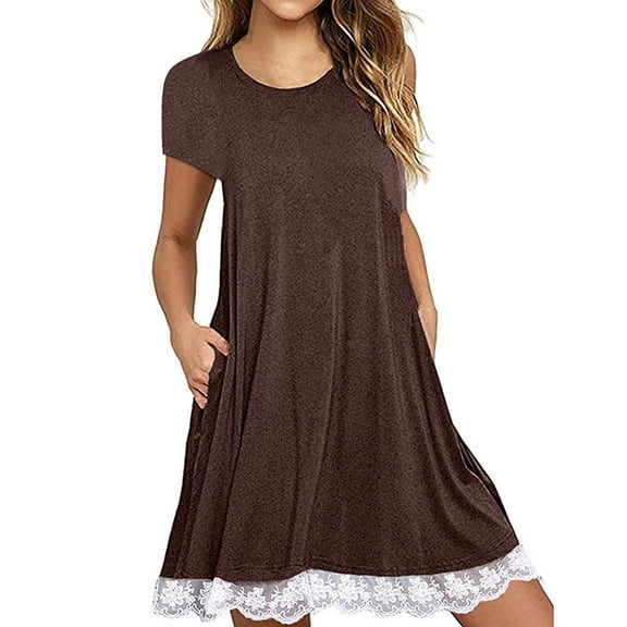 QUINDOS Summer Dresses for Women Sundress Beach Sleeveless Crew Neck Sun Dresses Solid Color Patchwork Lace Mini Above Knee Dresses for Women