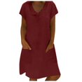 thumbnail image 1 of Robes pour Femmes Liquidation Femmes Manches Courtes Col en V Décontracté Chaud Vacances Couleur Unie Mini Robe Droite Coton Lin Robe T-Shirt Printemps Été Robes pour Femmes, 1 of 6