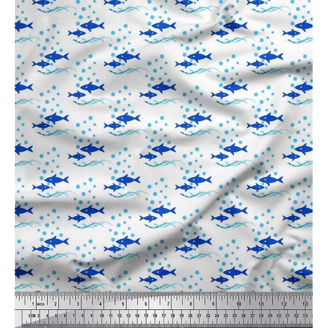 Soimoi polyester Crepe Fabric Waves,Bubbles & Fish Ocean Print Fabric by Yard 42 Inch Wide