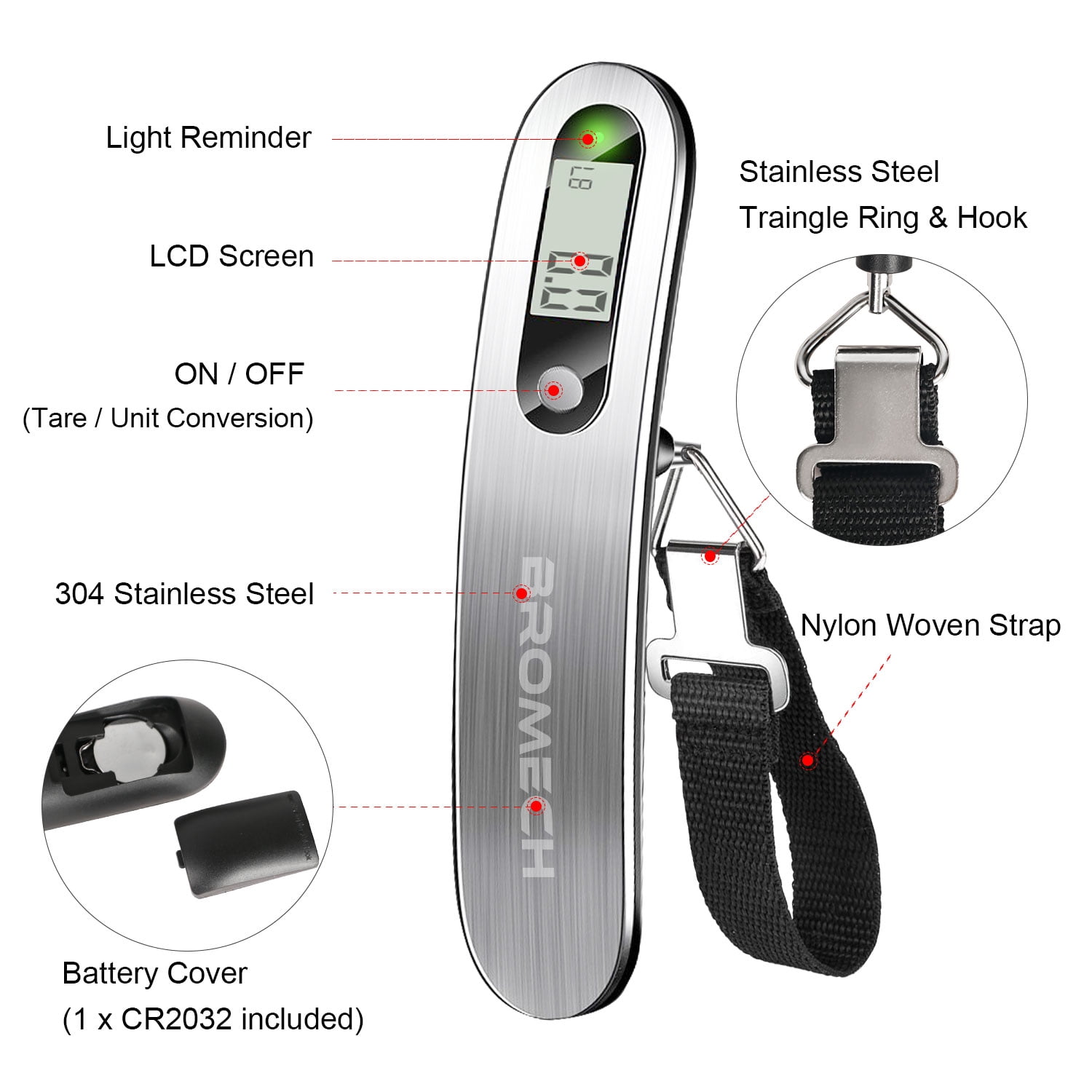 BROMECH Luggage Scale, 110lbs Portable Digital Hanging Baggage Scale, Stainless Steel Travel Weighing Scale with Hook & Battery, Strong Straps Suitcase Scale Suitable for Travel (Silver)