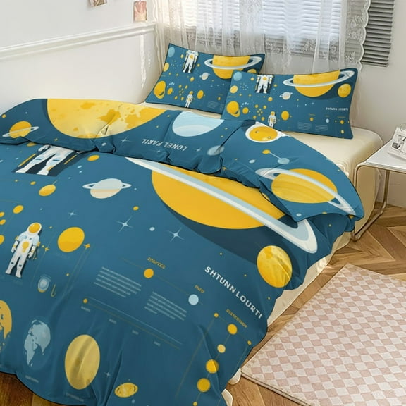 Space Astronaut Cartoon Duvet Cover Set Themed Multicolor Polyester Bedding Set for Bedroom Decoration