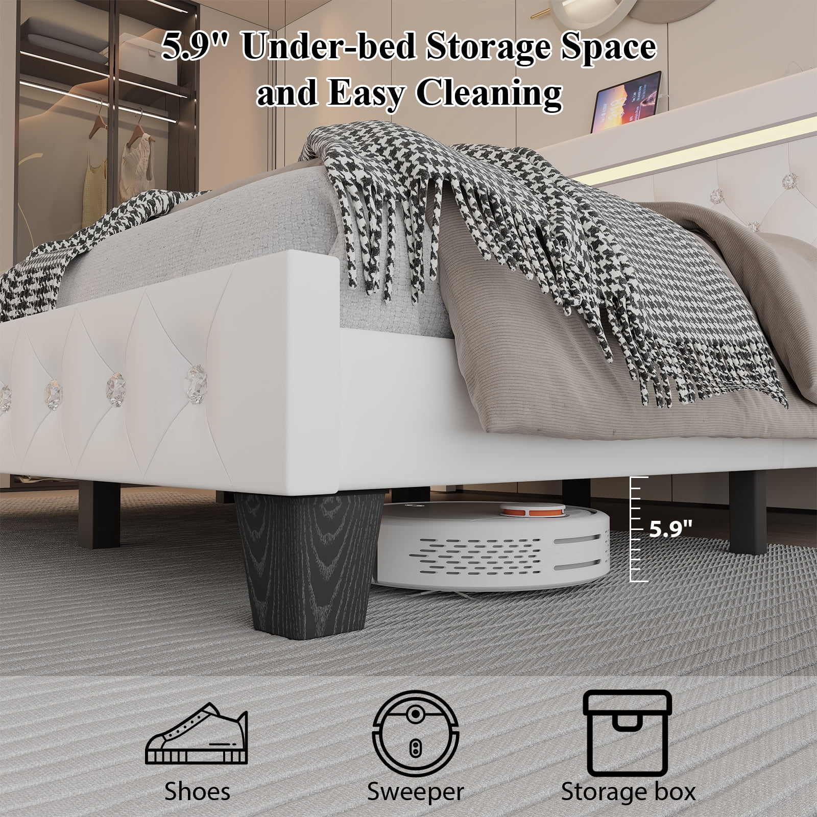 Full Size Faux Leather LED Bed Frame with Adjustable Headboard Upholstered Platform Bed with Charging Station Diamond Button Tufted Style, White