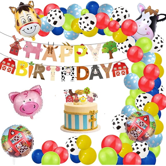 Birthday Toy Party Balloons Decoration for Boy GirlFarm Happy Birthday Banner Cow Pattern Printed White Balloons with Pig Horse Cow Balloon Red Yellow Blue Green Balloons for Kids Birthday Party