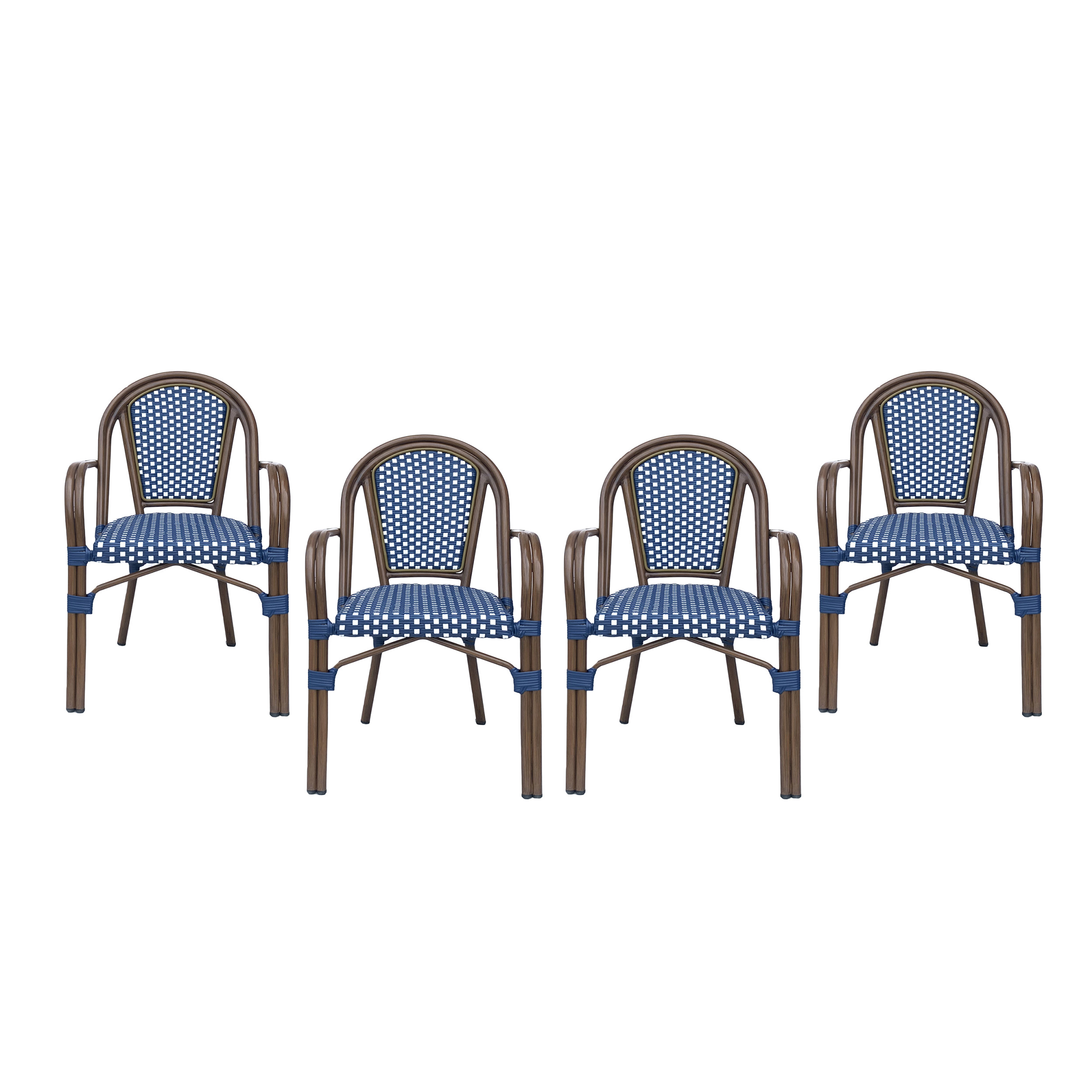 Cecil Aluminum and Wicker Outdoor French Bistro Chairs, Set of 4, Navy Blue, White, and Brown Wood - image 2 of 7