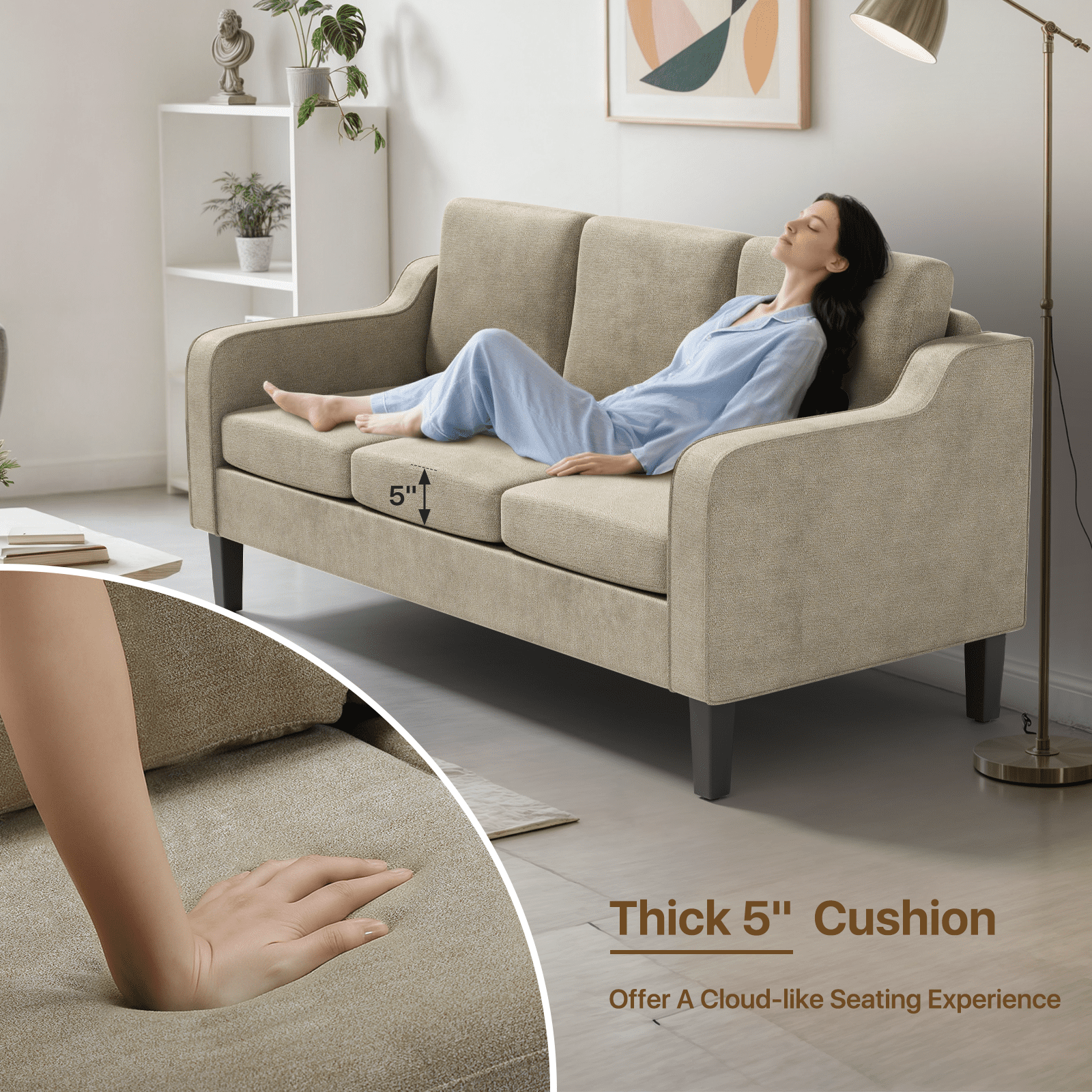 MoNiBloom 64" Apartment Sofa for Small Spaces | Modern 3-Seater Couch with Removable Cushions & Wooden Legs | Compact Living Room, Bedroom Furniture, Beige