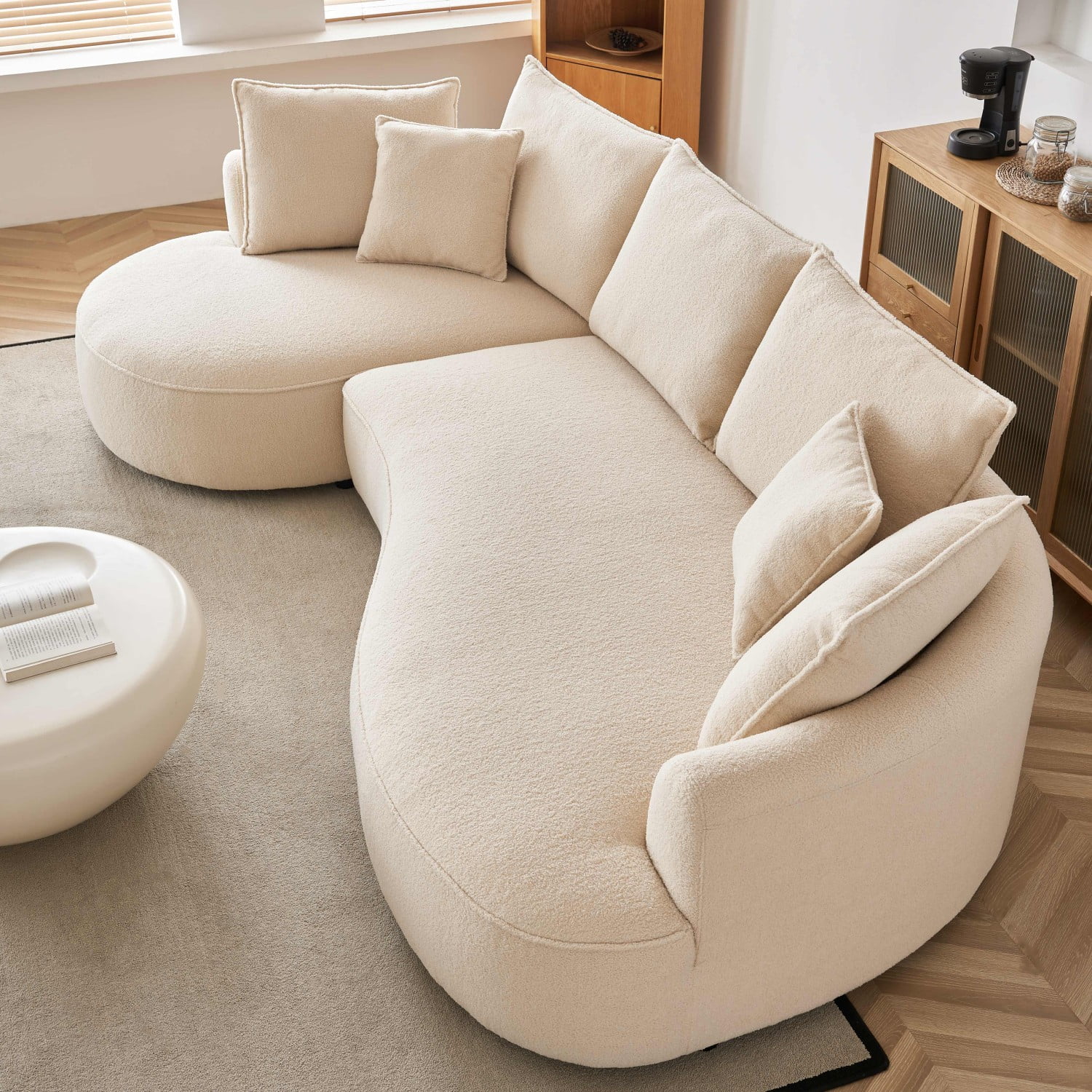 Gewnee 122.8" Curved Sofa Modern Curved Couch Living Room Modular Sectional Sofa, Mid Century Upholstered Couch Sherpa Boucle Fabric Sofa for Bedroom Apartment Left Hand Facing
