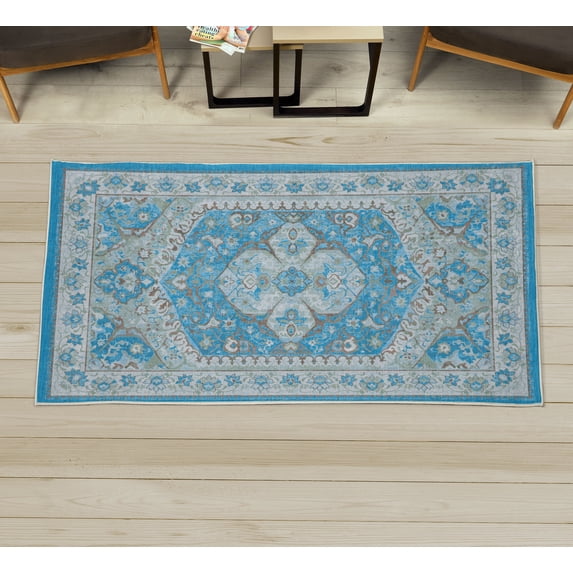 Ethnic Decorative Rug, Folk Tribal Shapes with Monochrome Design in Grunge Weathered Effects, Quality Carpet for Bedroom Dorm and Living Room, 6 Sizes, Dark Sky Blue, by Ambesonne