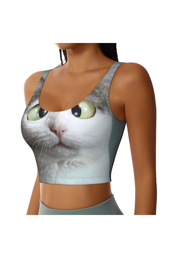 Funny Cat Sports Bra for Women,Padded Strappy Sports Bras Medium Support Yoga Bra with Removable Cups,Running Yoga Bra-Large