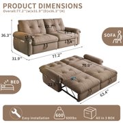 77 Queen Size Sofa Bed, Loveseat Sleeper Sofa with Pull Out Bed, Pockets and USB, Modern 2 Seater Convertible Small Couch for Living Room Bedroom Apartment, Brown